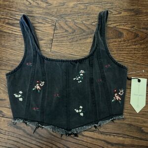 Black Denim Frayed Hem embroider Floral Crop Top ban.jara Sz Medium